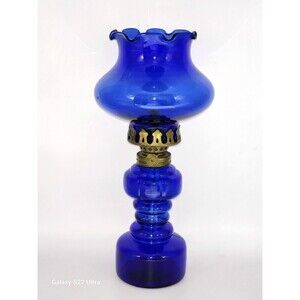 Vintage Oil Lamp Cobalt Blue 17" Tall Unique Design See!